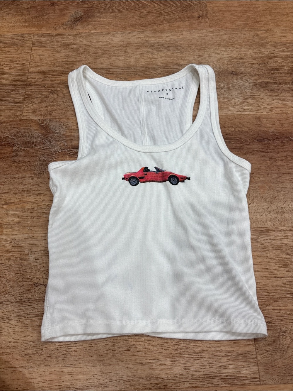 Anthropologie White Ribbed Tank Top with Red Car Embroidery